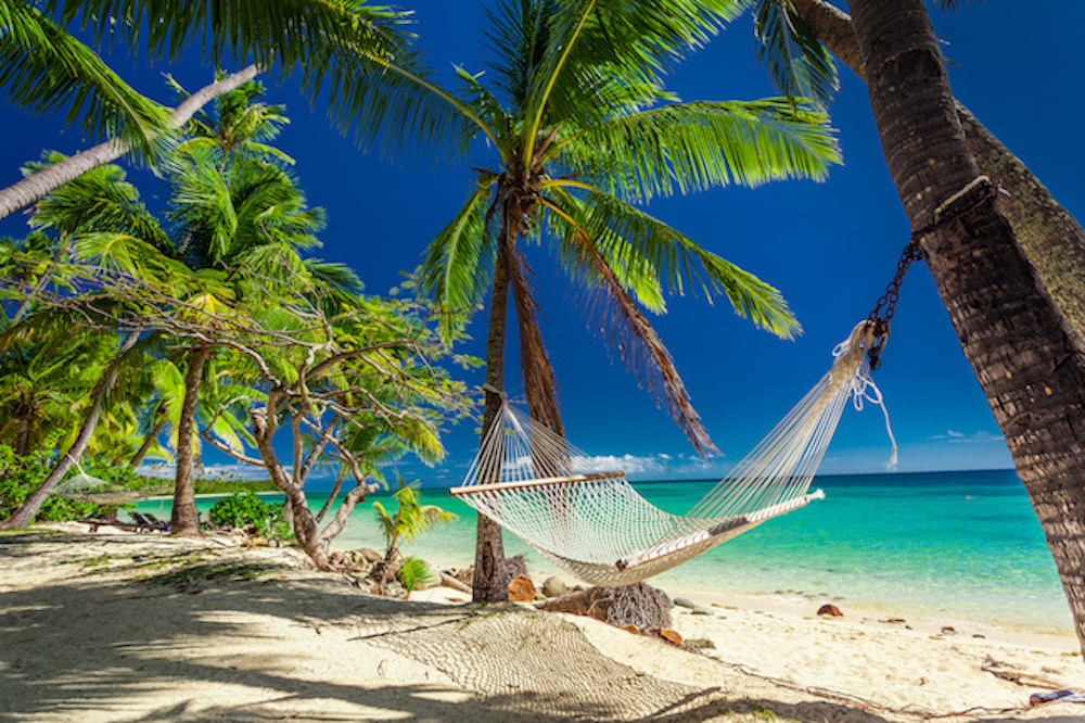 Empty hammock in the shade of palm trees on tropical Fiji